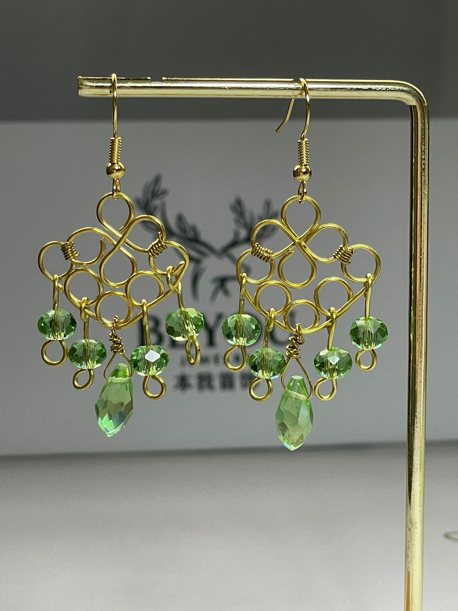 Green Crystal Gold Wire Earrings