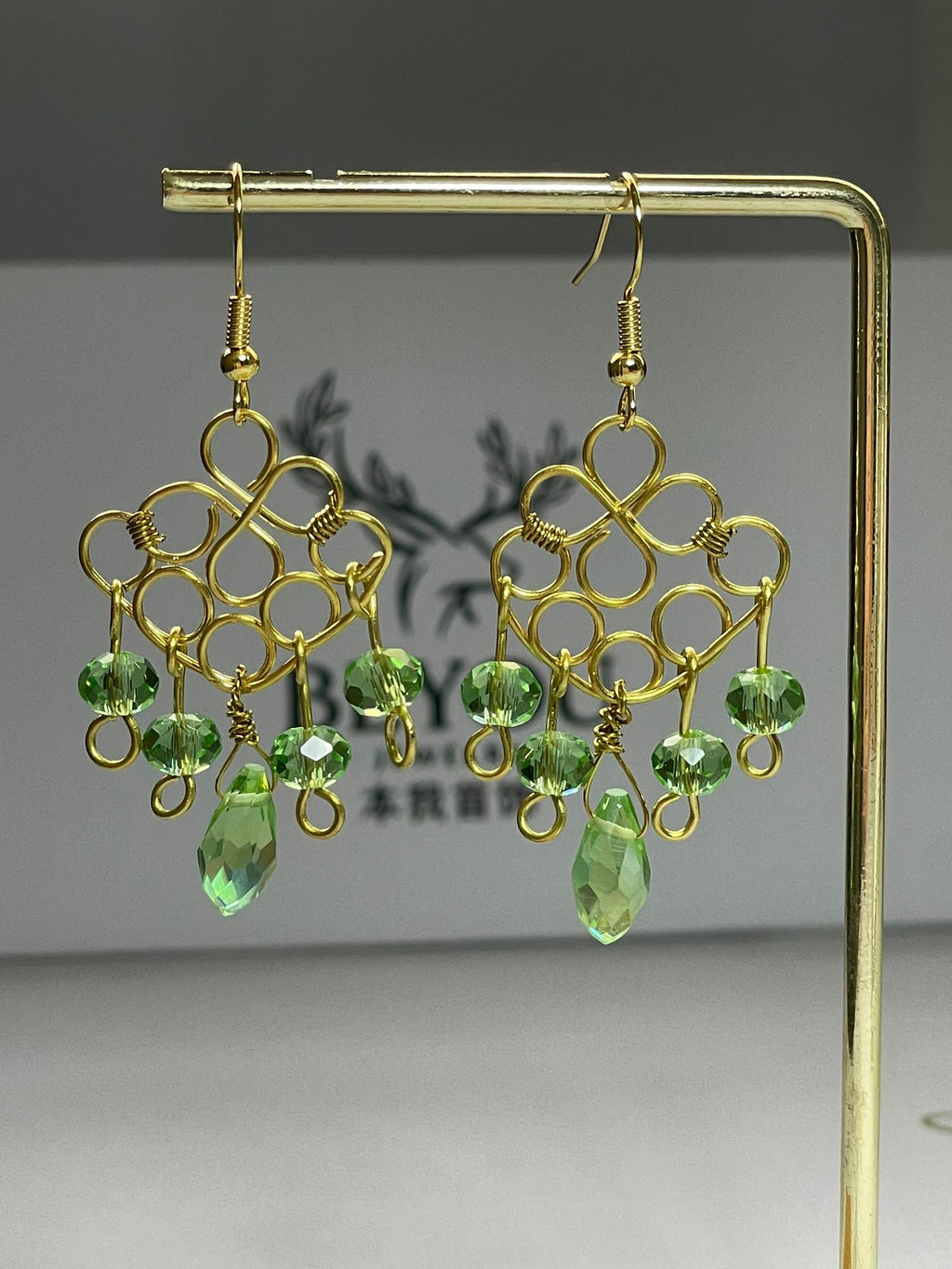 Green Crystal Gold Wire Earrings