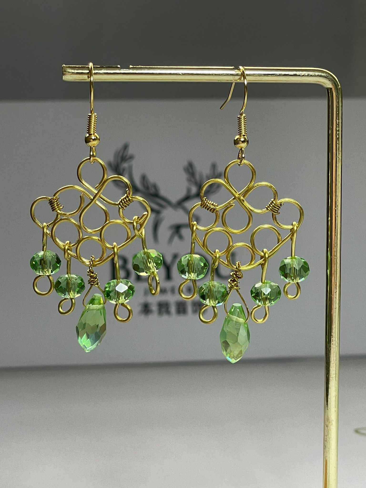 Green Crystal Gold Wire Earrings