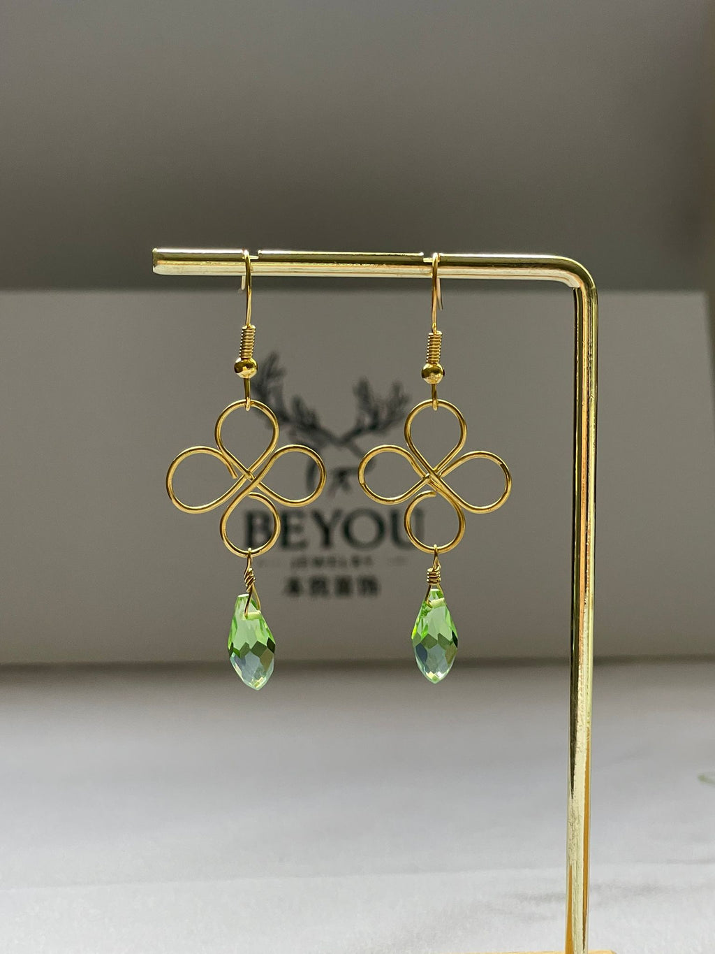Green Crystal Gold Wire Design Earrings