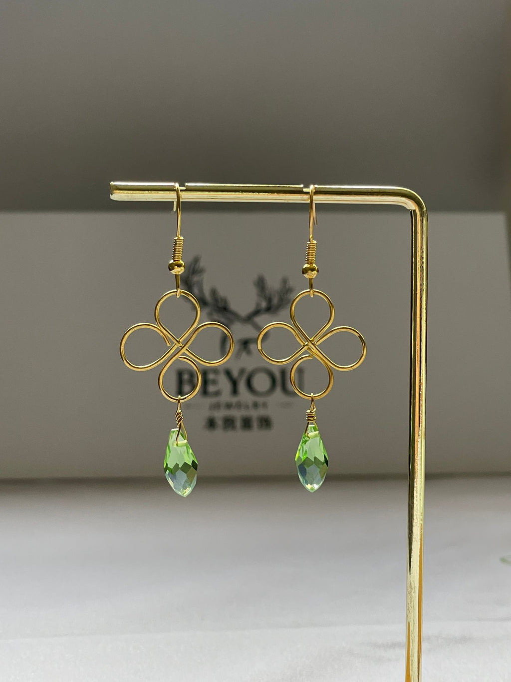 Green Crystal Gold Wire Design Earrings