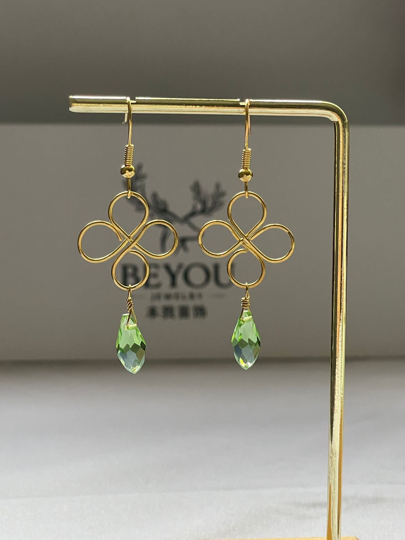 Green Crystal Gold Wire Design Earrings