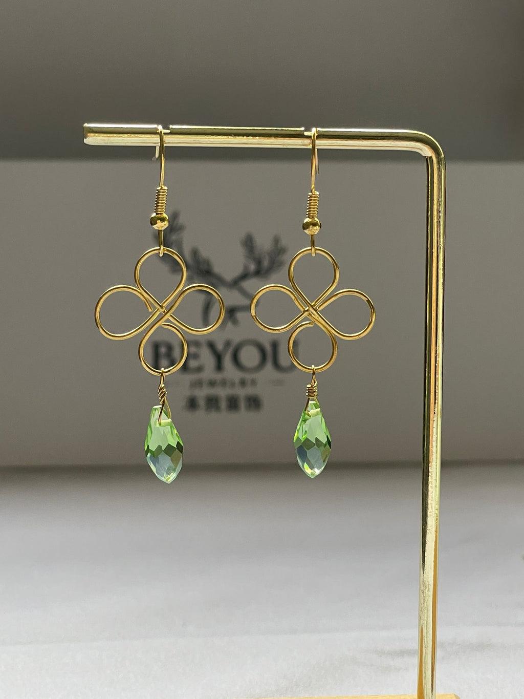 Green Crystal Gold Wire Design Earrings