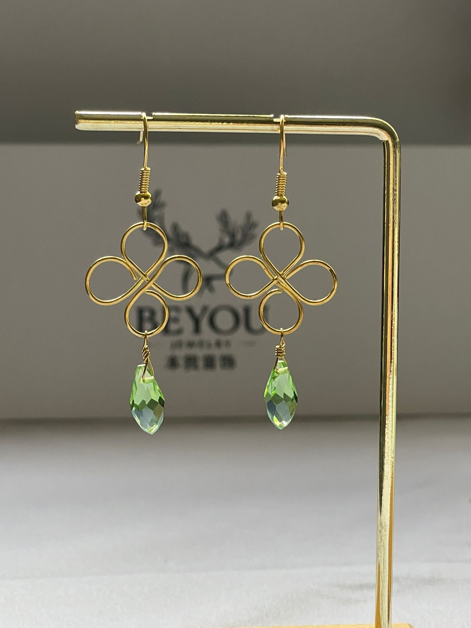 Green Crystal Gold Wire Design Earrings