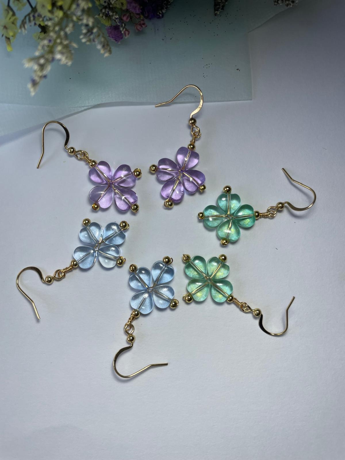 Handmade Sky Blue Flower Dangle Earrings | Gold Hook Floral Earrings