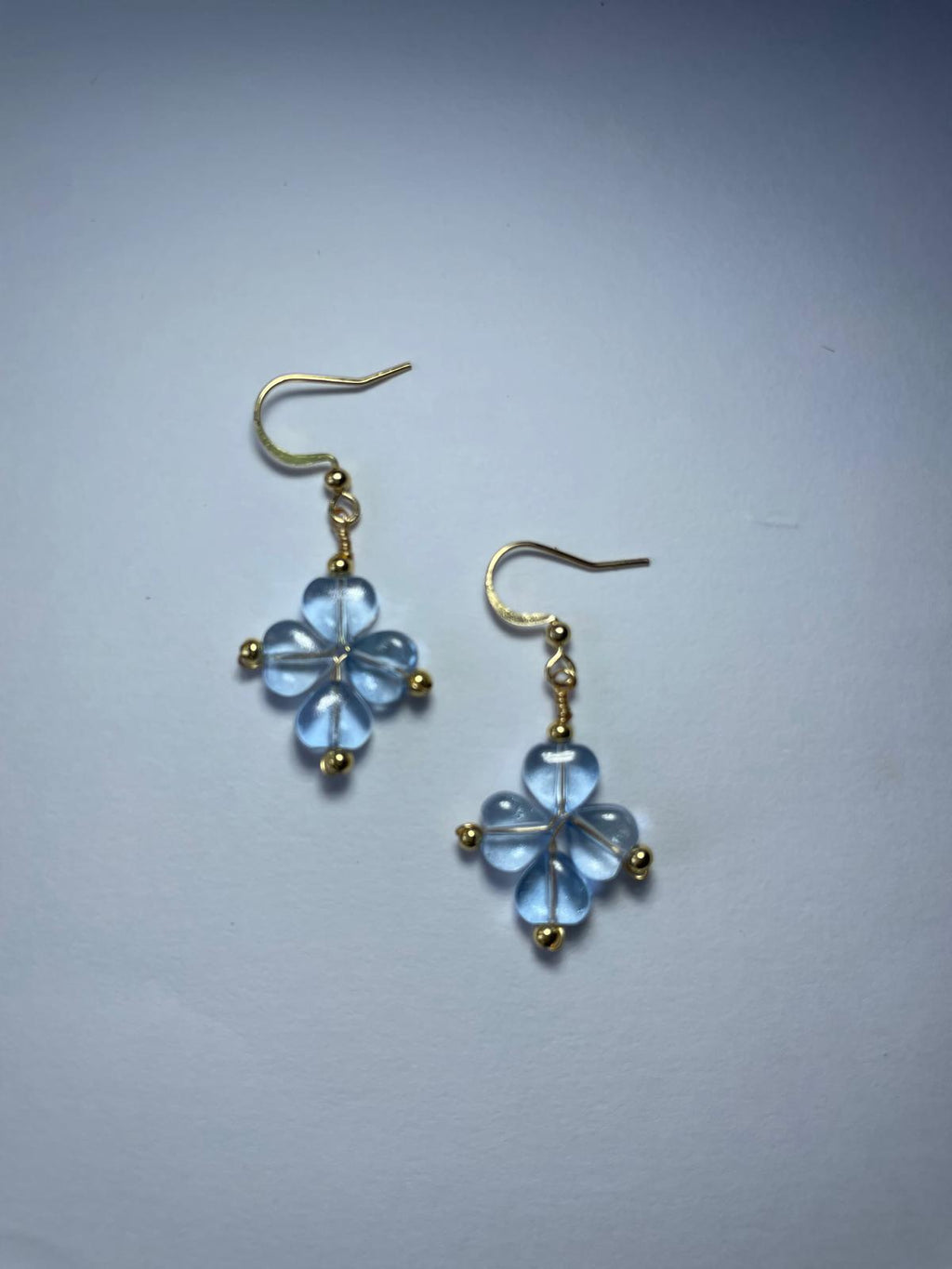 Handmade Sky Blue Flower Dangle Earrings | Gold Hook Floral Earrings