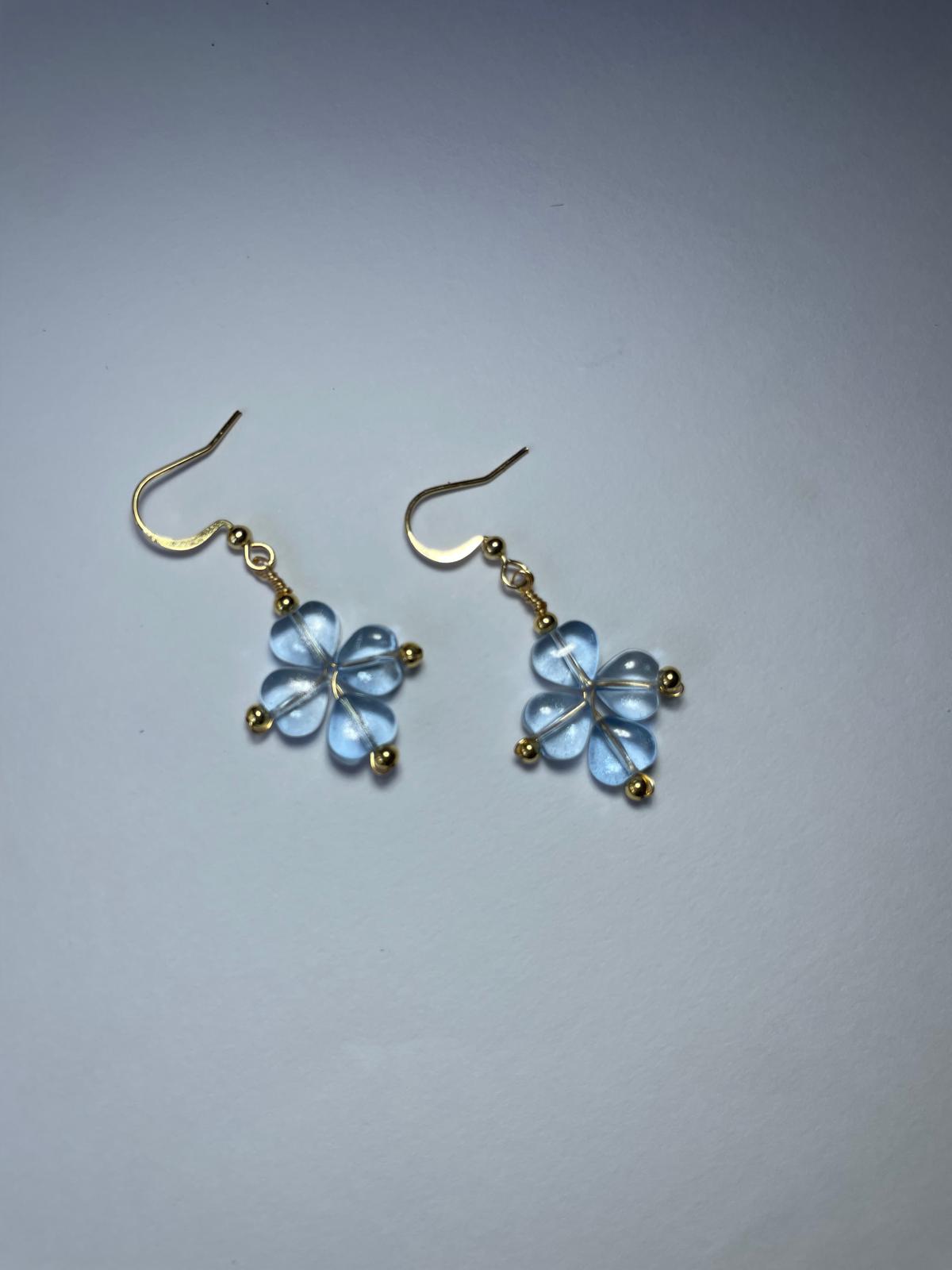 Handmade Sky Blue Flower Dangle Earrings | Gold Hook Floral Earrings