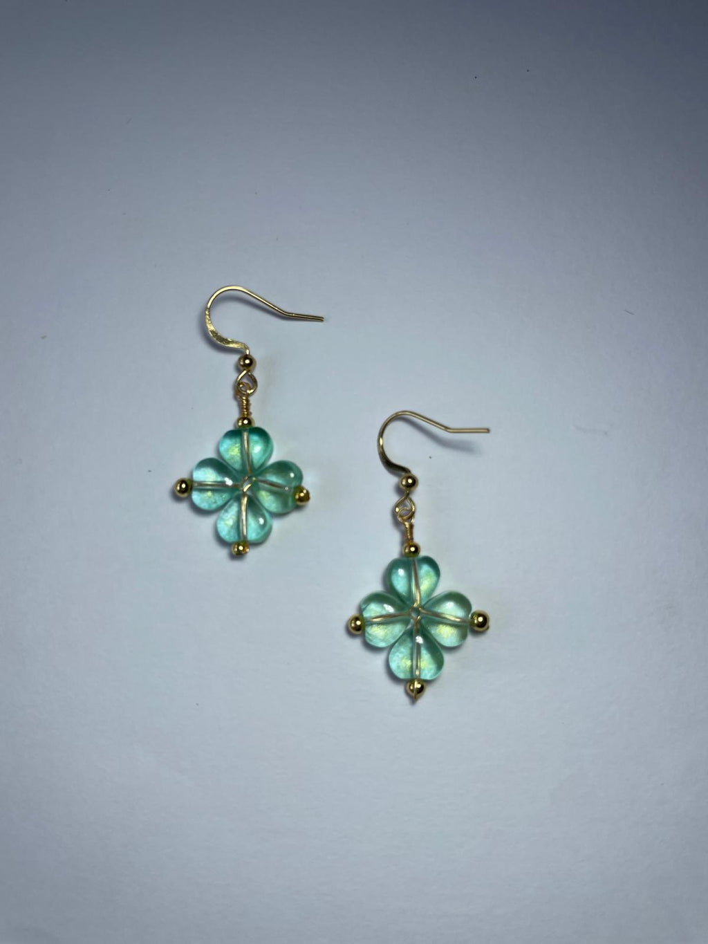 Handmade Mint Green Flower Dangle Earrings | Gold Hook Floral Earrings