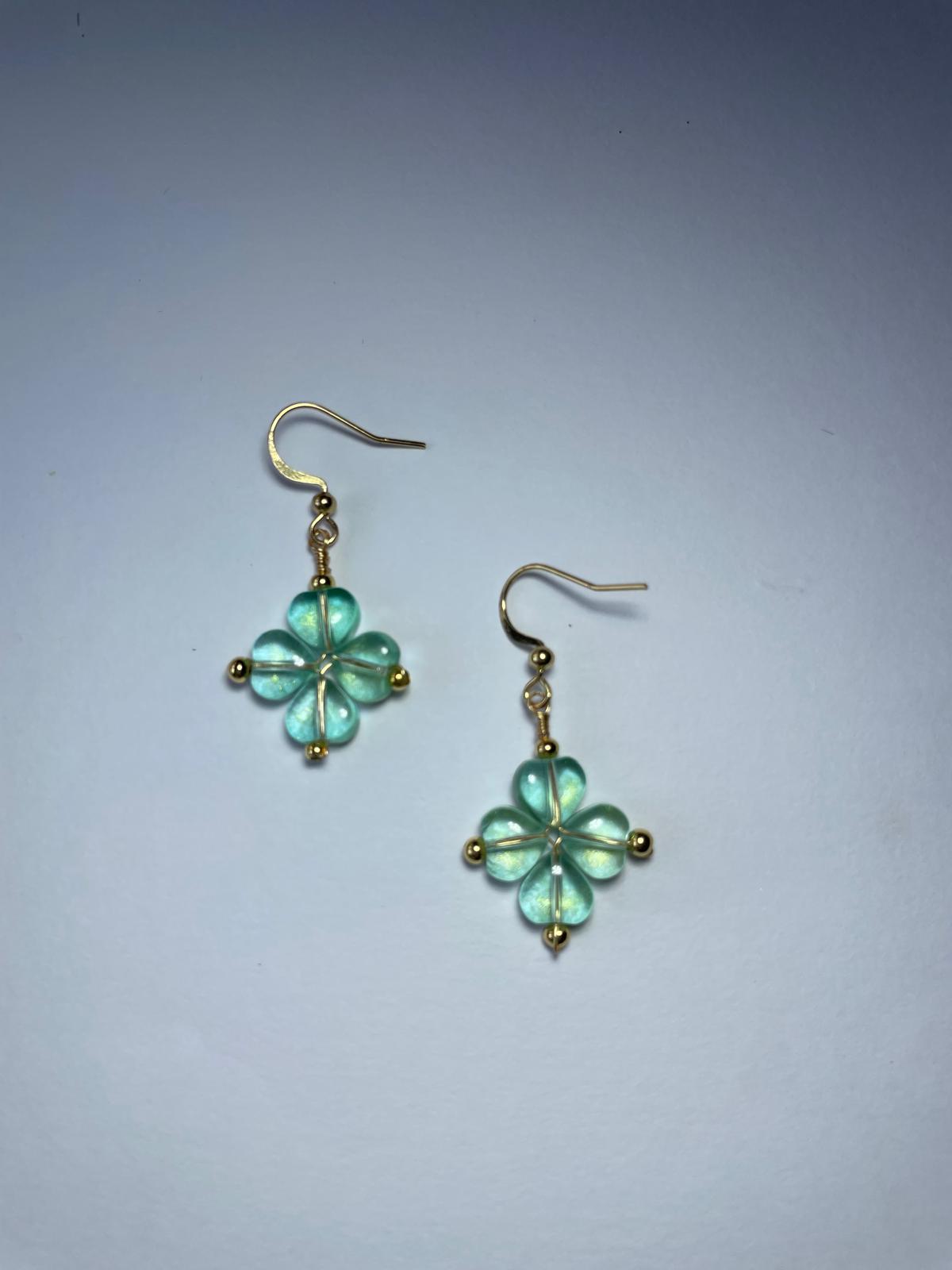 Handmade Mint Green Flower Dangle Earrings | Gold Hook Floral Earrings