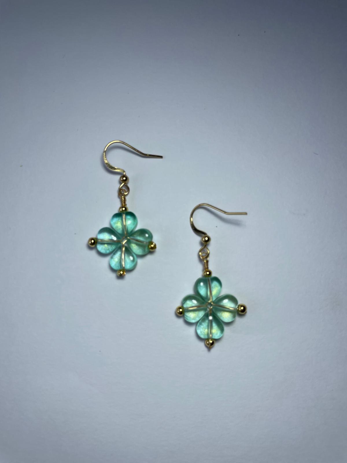Handmade Mint Green Flower Dangle Earrings | Gold Hook Floral Earrings