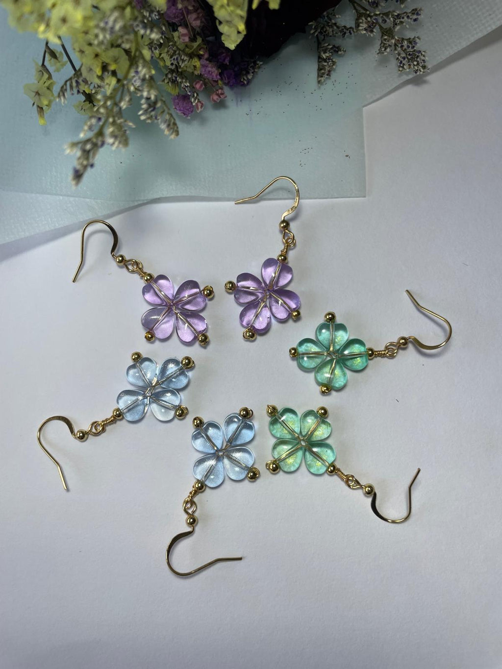 Handmade Sky Blue Flower Dangle Earrings | Gold Hook Floral Earrings