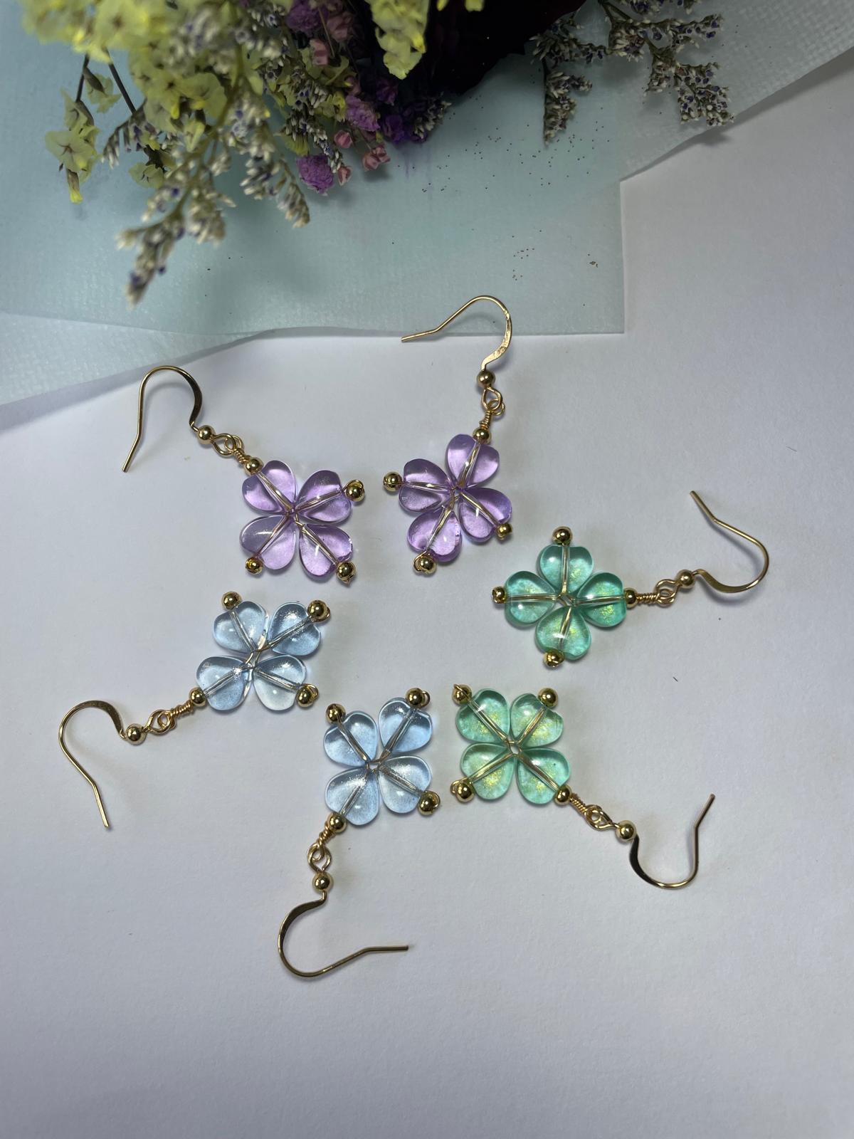 Handmade Mint Green Flower Dangle Earrings | Gold Hook Floral Earrings