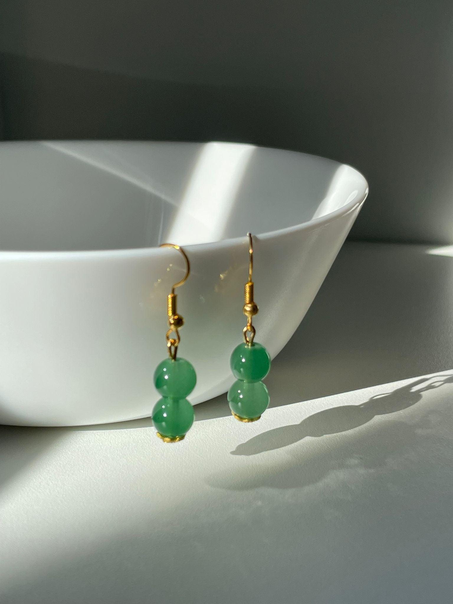 Handmade Green Glass Jade Sphere Hook Earrings