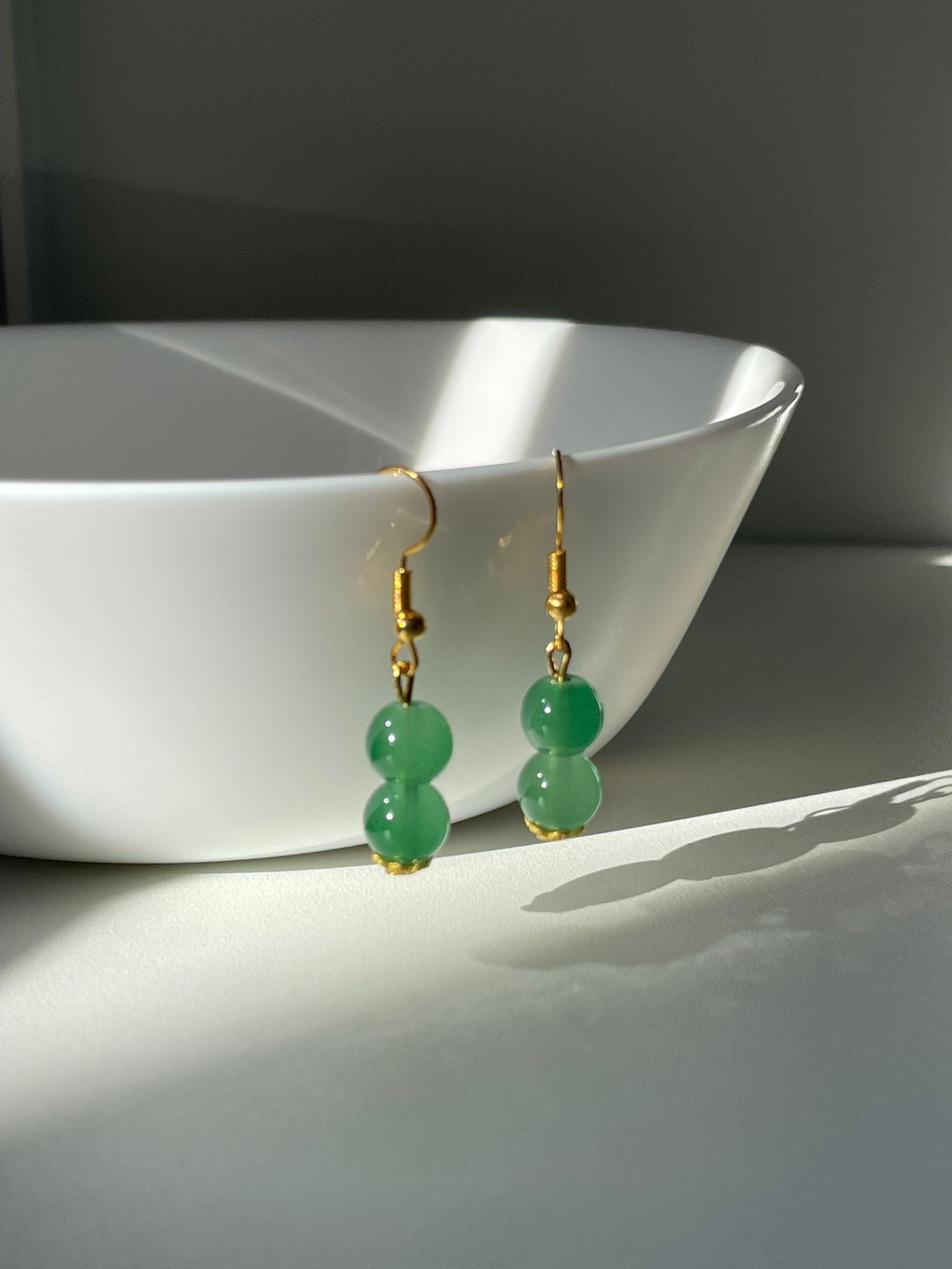 Handmade Green Glass Jade Sphere Hook Earrings