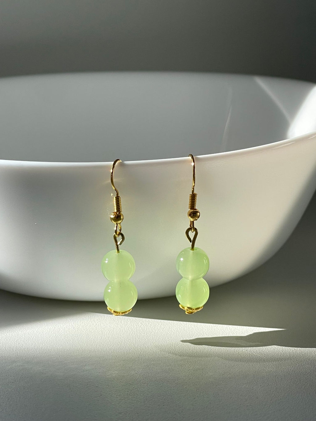 Handmade Light Green Glass Jade Sphere Hook Earrings
