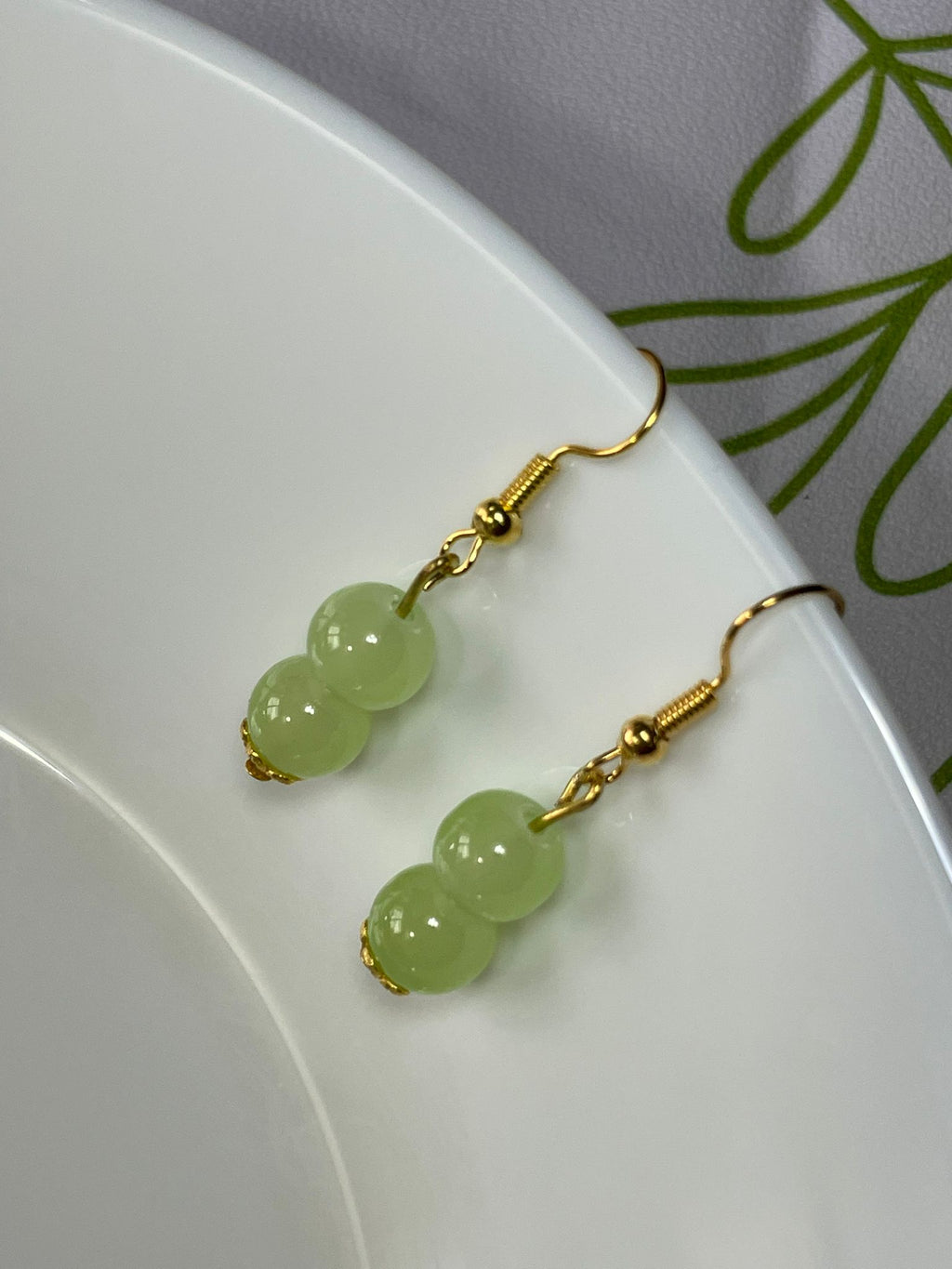 Handmade Light Green Glass Jade Sphere Hook Earrings