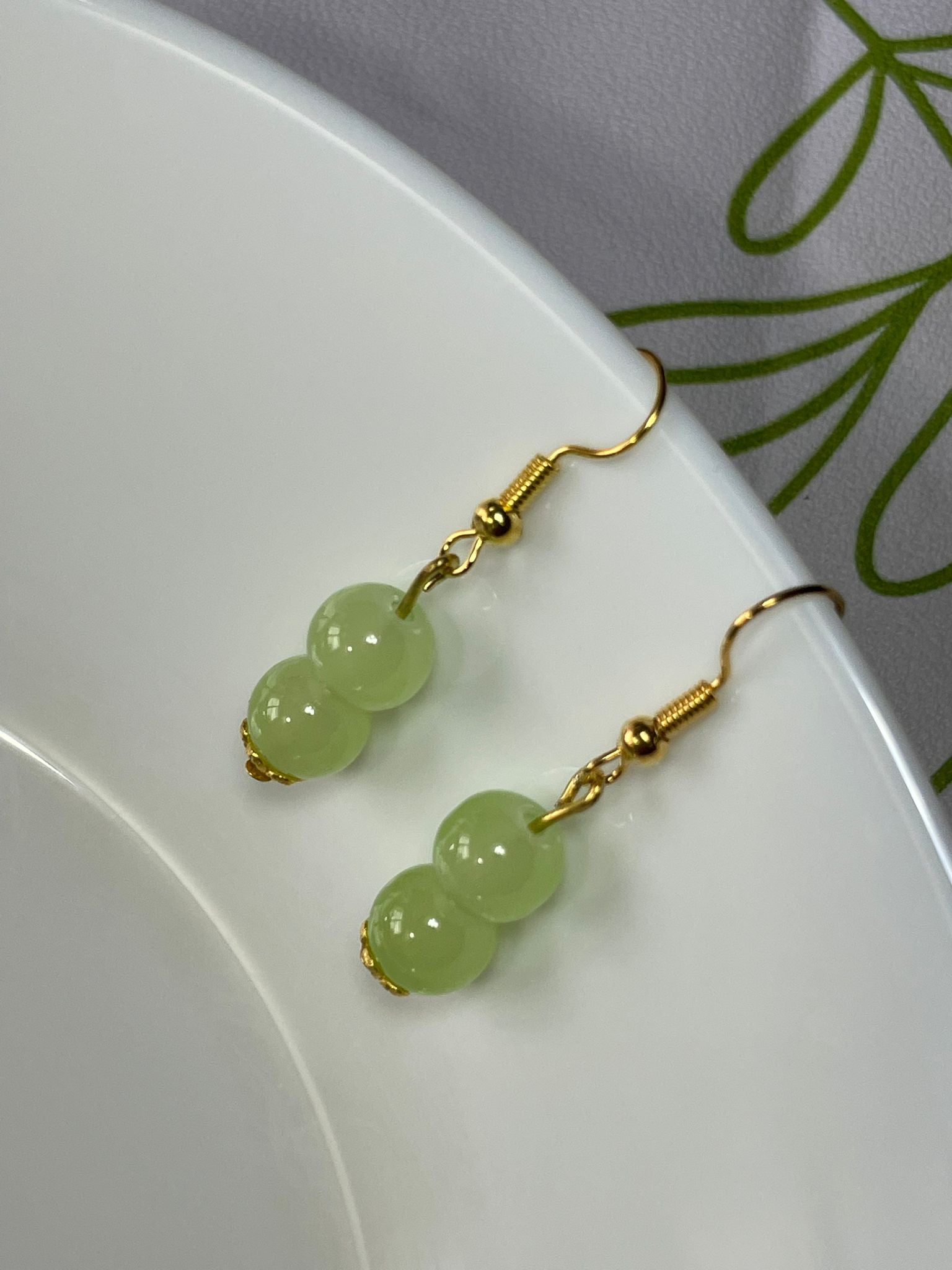 Handmade Light Green Glass Jade Sphere Hook Earrings