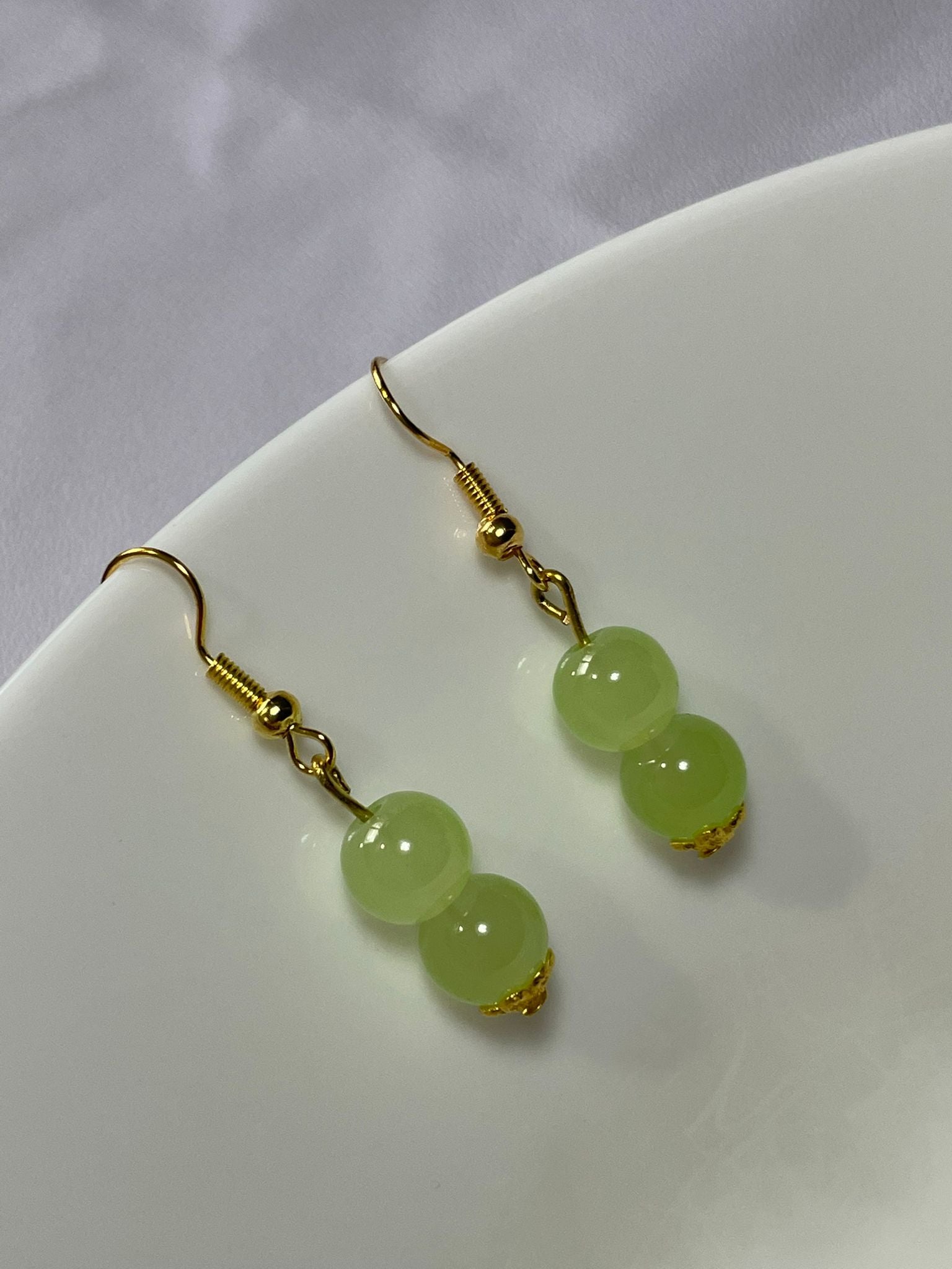 Handmade Light Green Glass Jade Sphere Hook Earrings