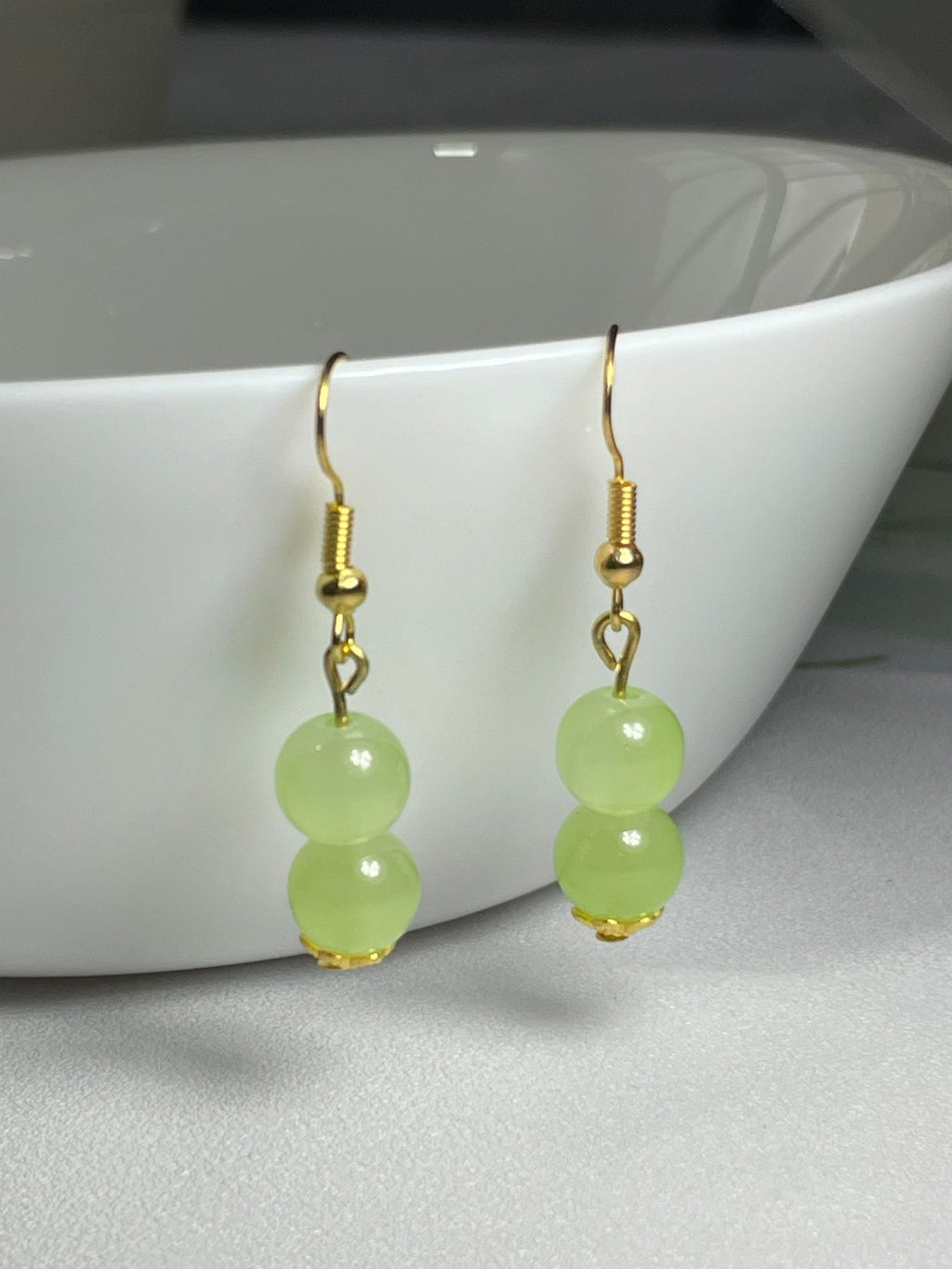 Handmade Light Green Glass Jade Sphere Hook Earrings