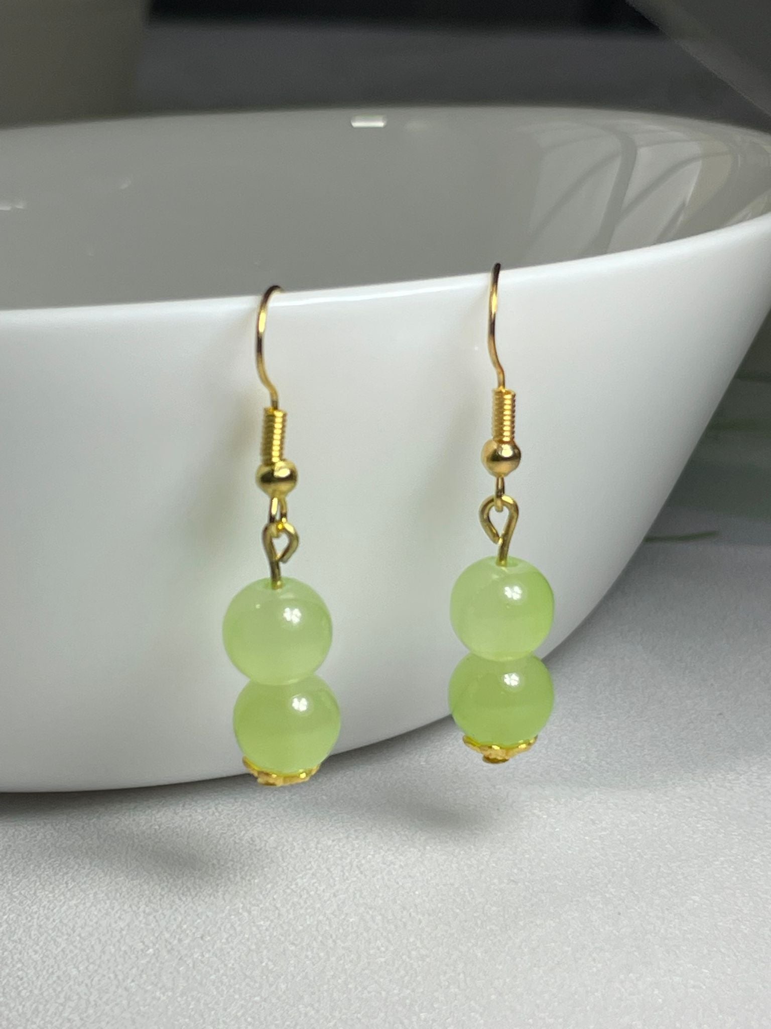 Handmade Light Green Glass Jade Sphere Hook Earrings