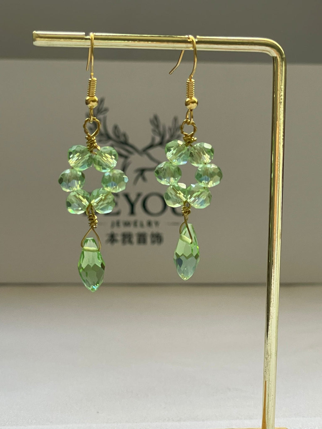 Handcrafted Green/Soft Pink Crystal Earrings