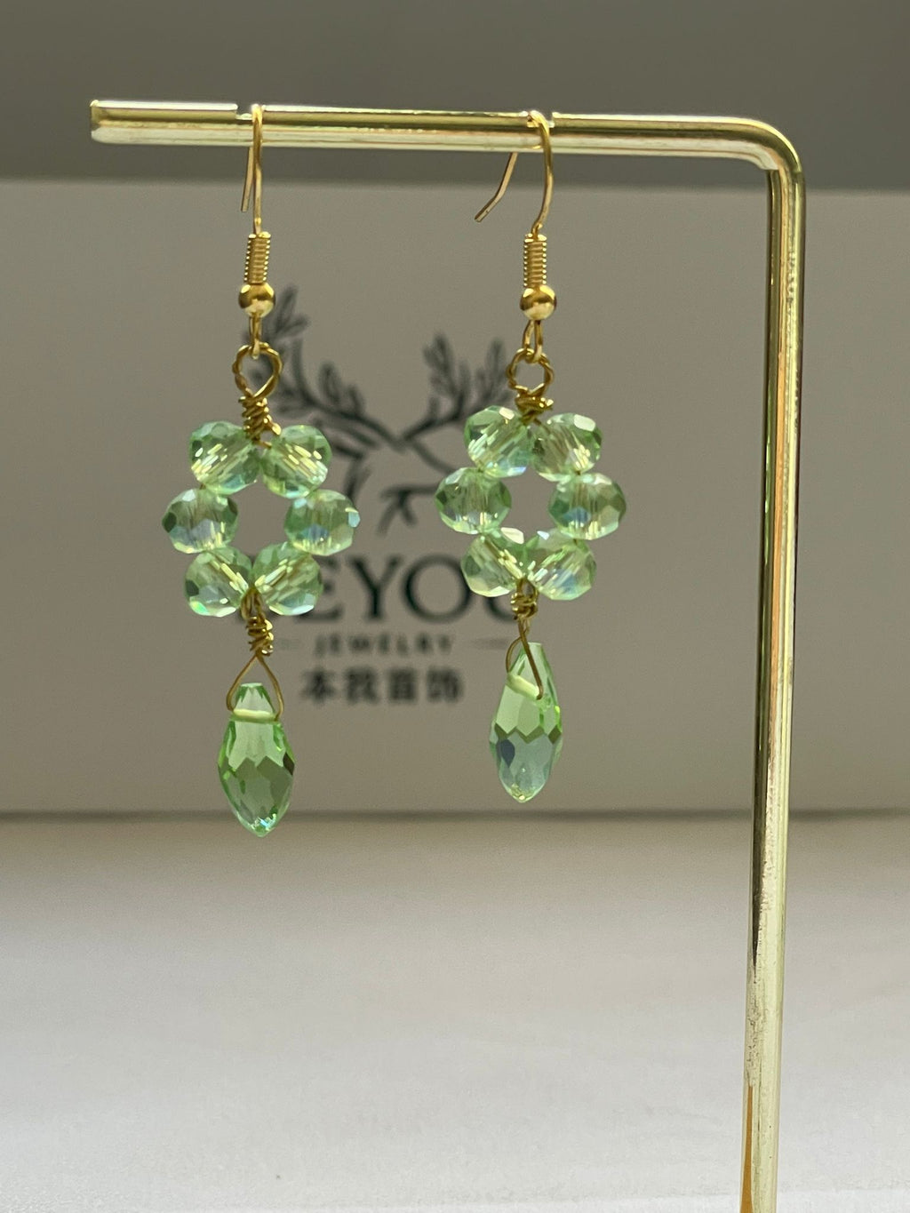 Handcrafted Green/Soft Pink Crystal Earrings