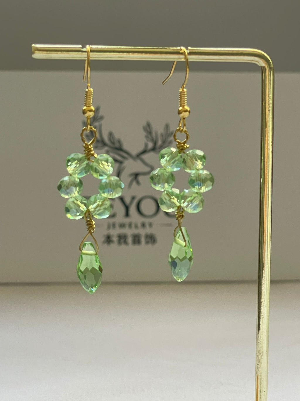 Handcrafted Green/Soft Pink Crystal Earrings