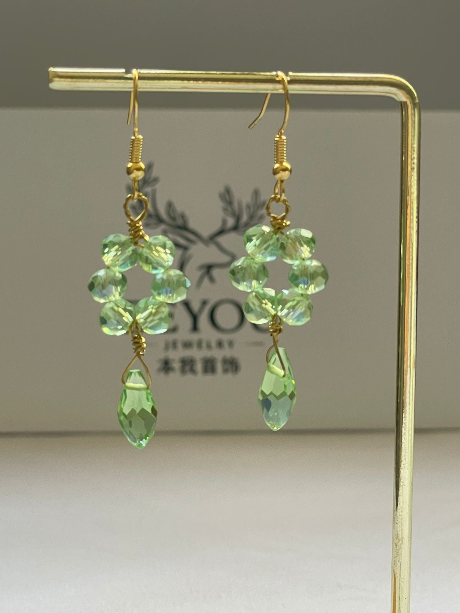 Handcrafted Green/Soft Pink Crystal Earrings
