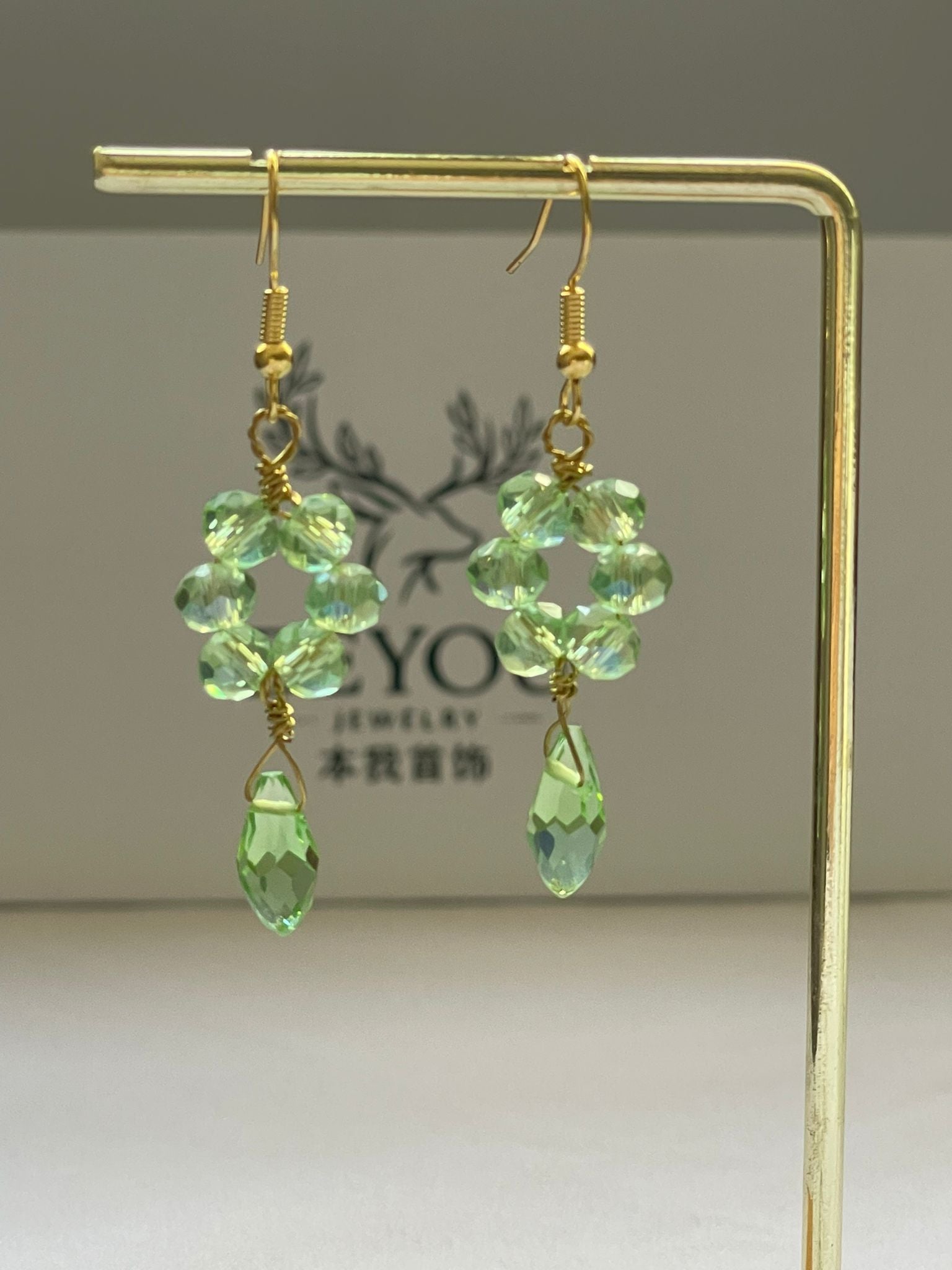 Handcrafted Green/Soft Pink Crystal Earrings