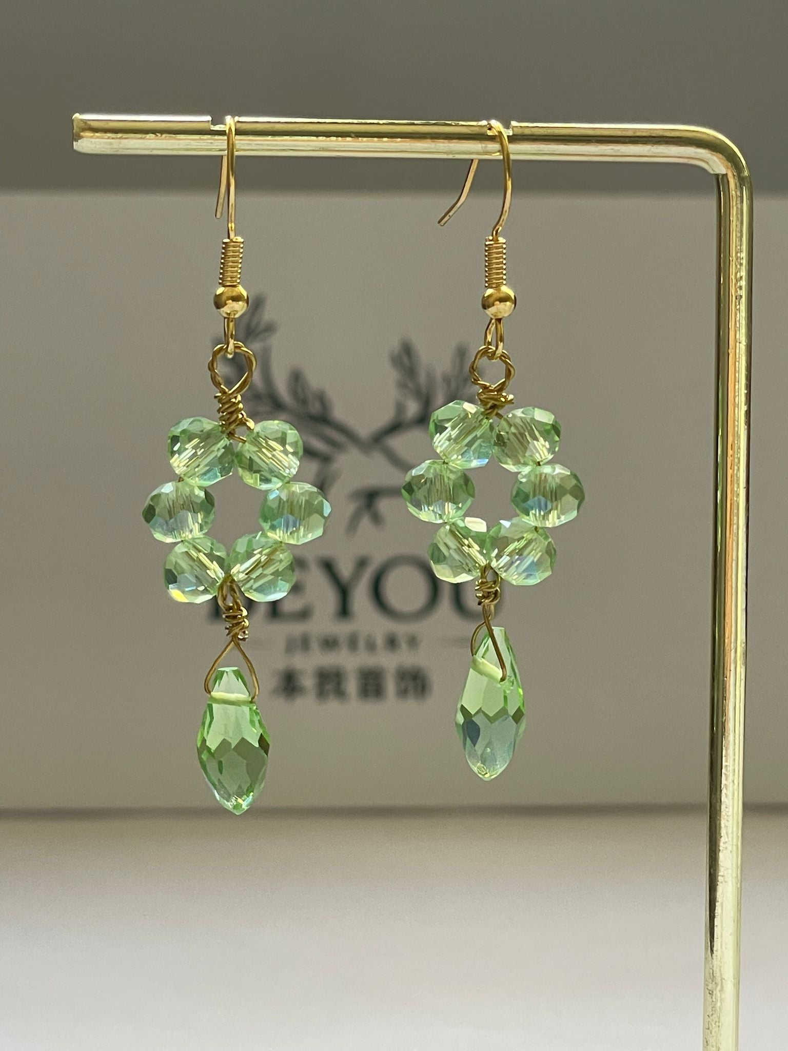 Handcrafted Green/Soft Pink Crystal Earrings