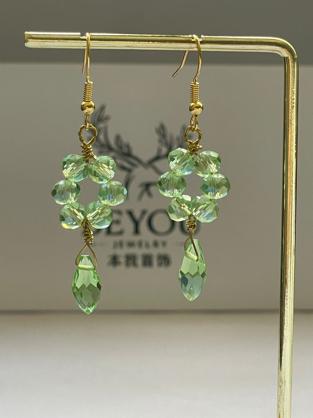 Handcrafted Green/Soft Pink Crystal Earrings
